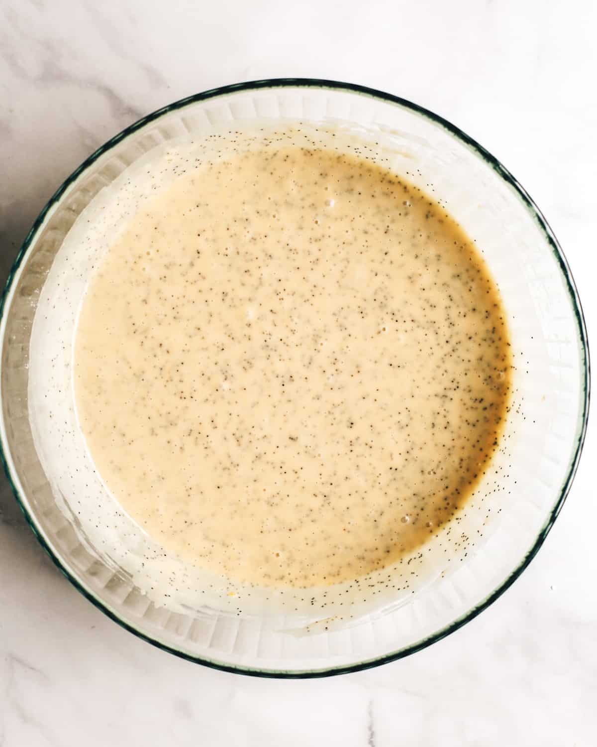 finished poppy seed cake batter in a bowl