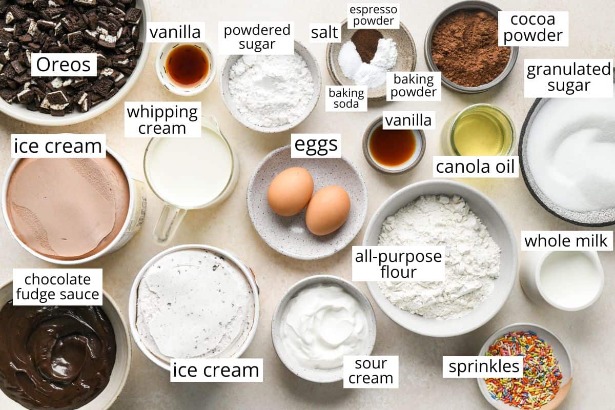 overhead photo of the labeled ingredients in this Ice Cream Cake recipe