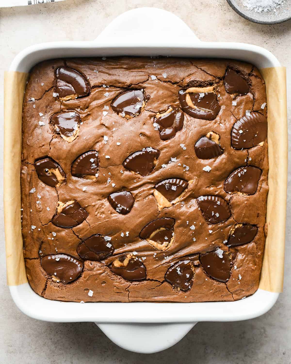 Peanut Butter Cup Brownies after baking with flaky sea salt on top