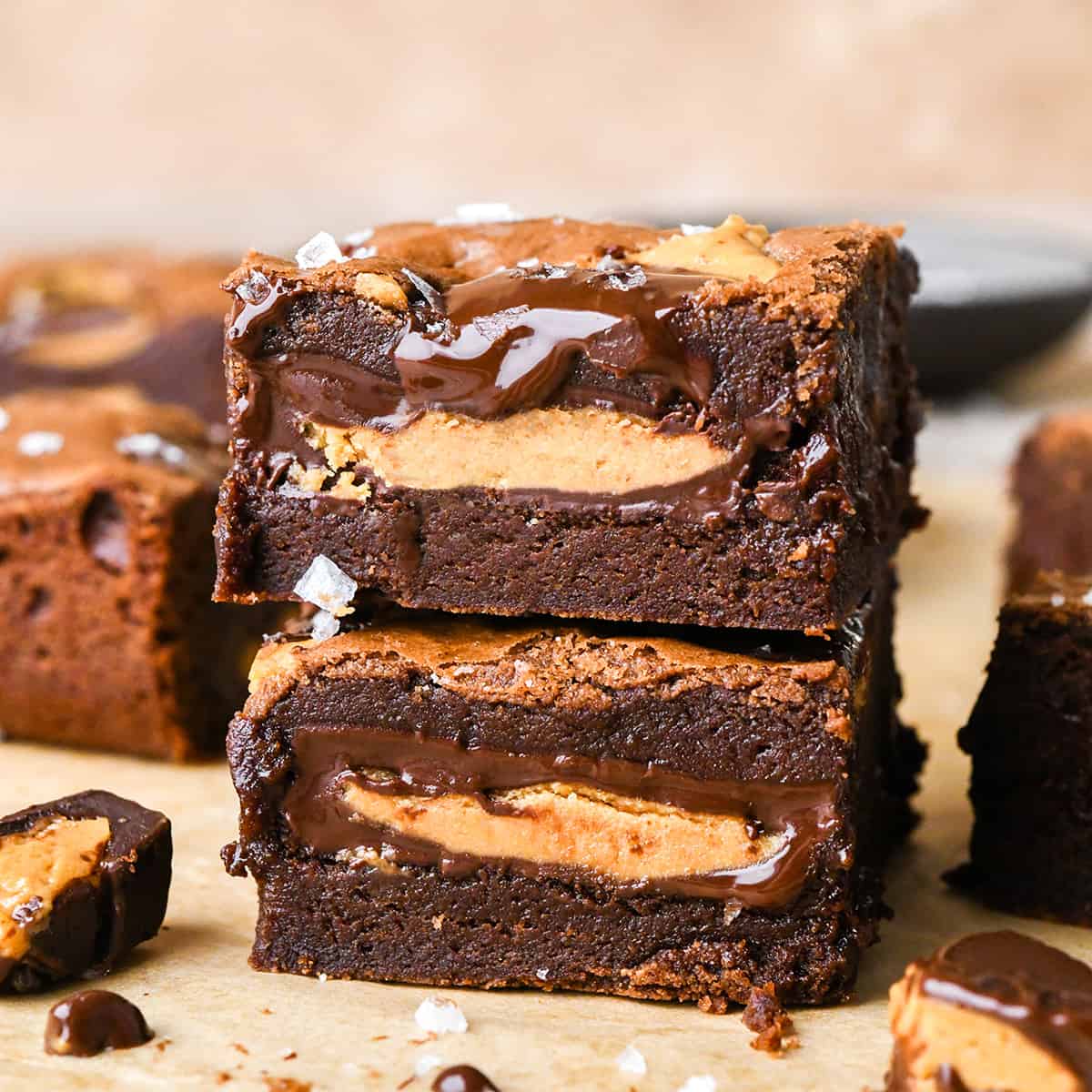 a stack of 2 Peanut Butter Cup Brownies