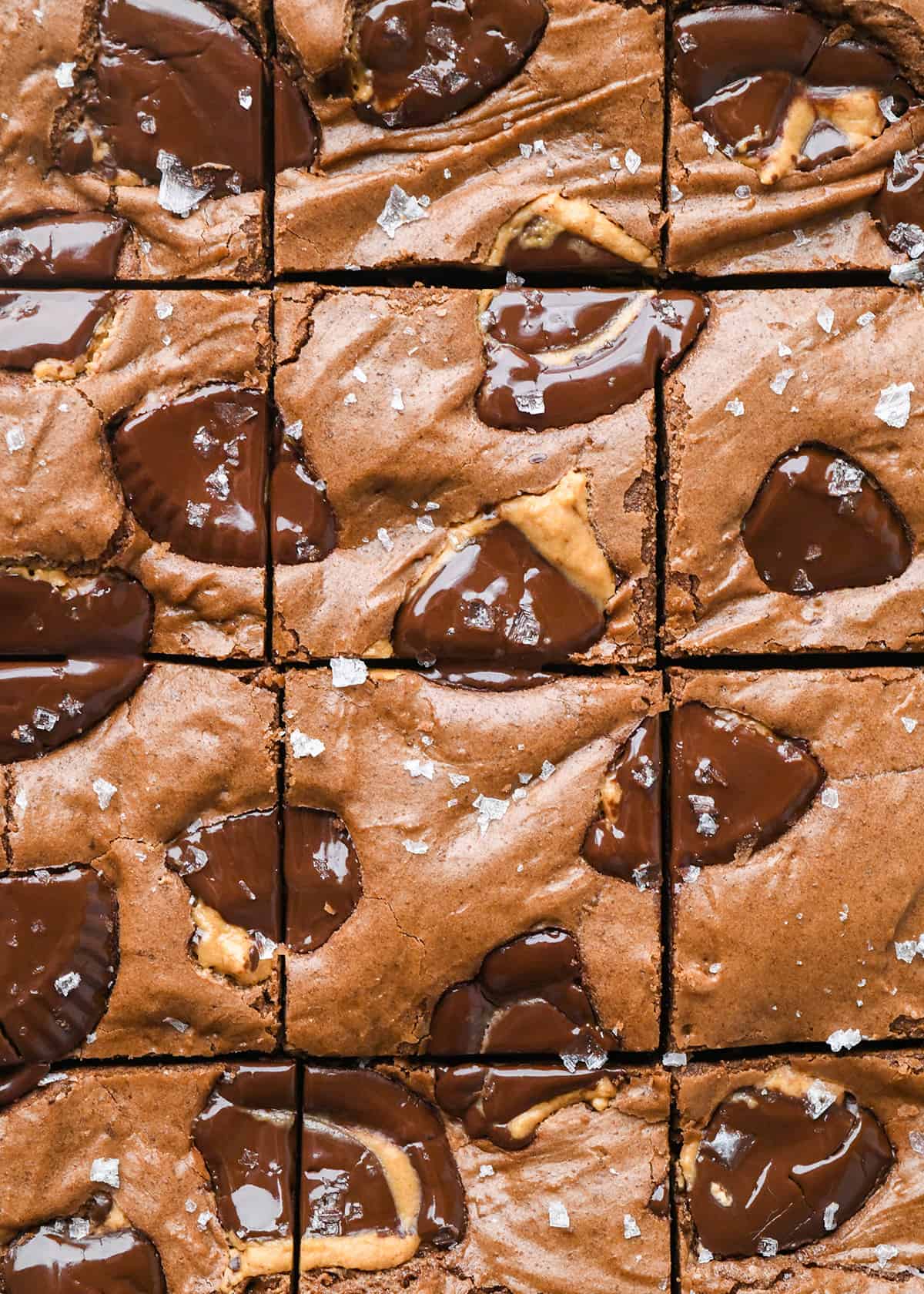 Peanut Butter Cup Brownies cut into 16 squares