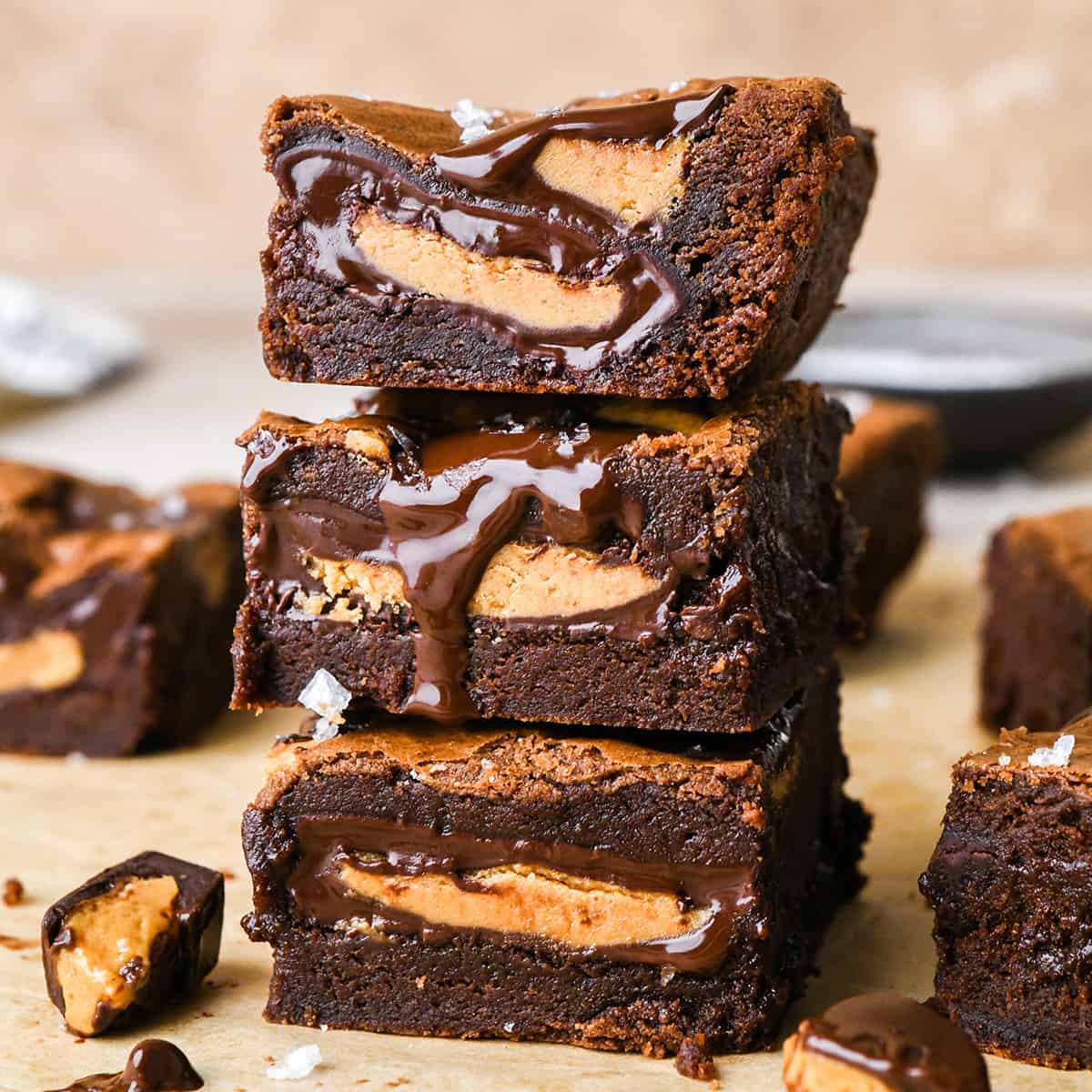 a stack of 3 Peanut Butter Cup Brownies