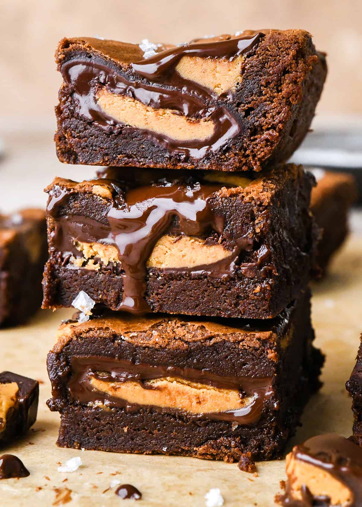 a stack of 3 Peanut Butter Cup Brownies