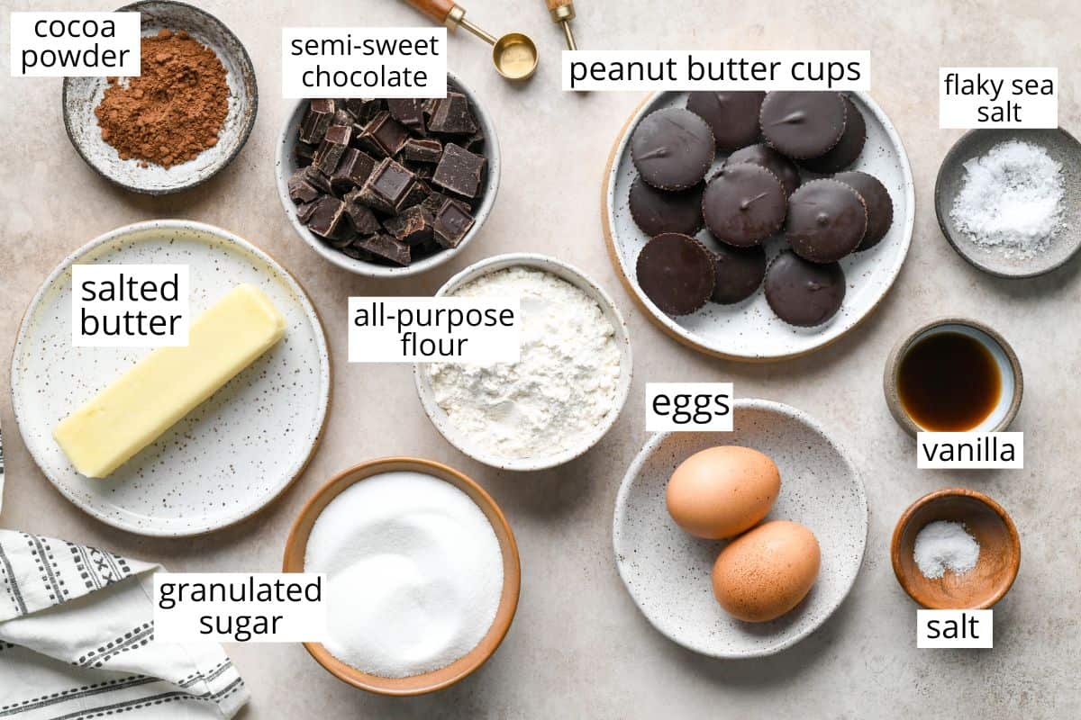 overhead photo of the ingredients in this Peanut Butter Cup Brownies recipe