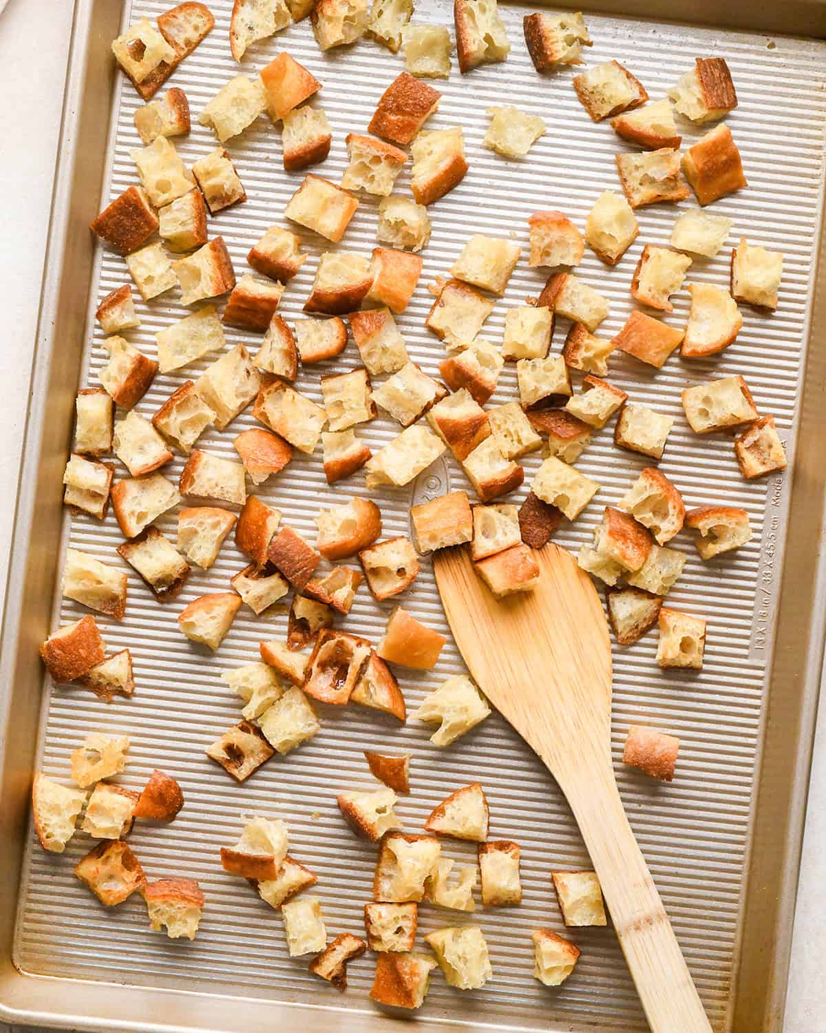 croutons on a baking sheet after baking