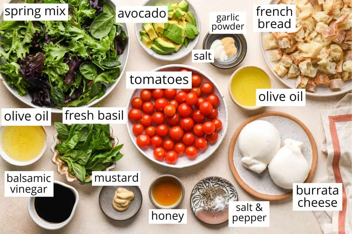overhead photo of the labeled ingredients in this burrata cheese salad recipe