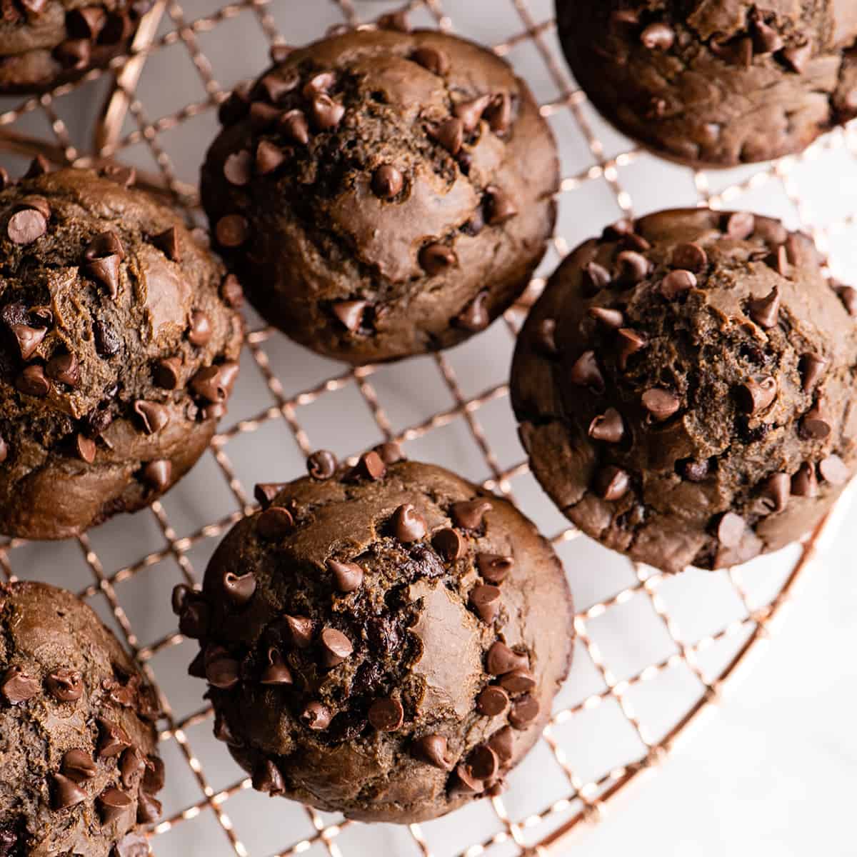 7 Healthy Chocolate Zucchini Muffins on a wire cooling rack