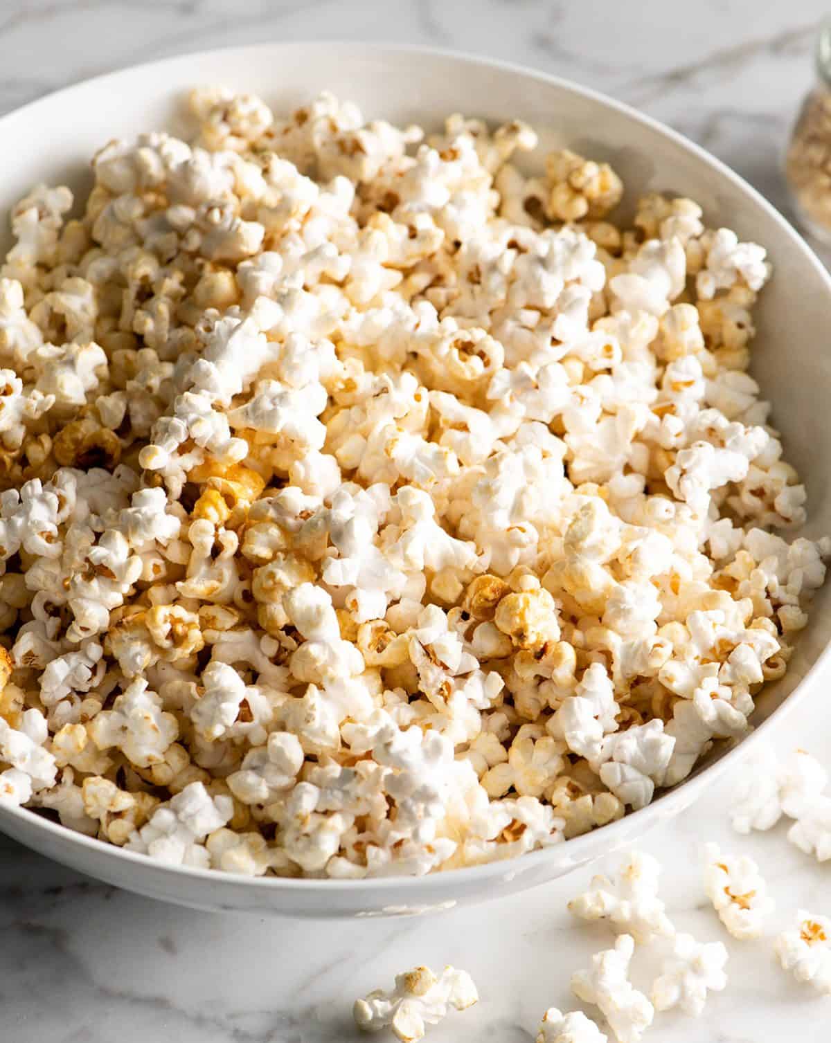homemade kettle corn in a white bowl
