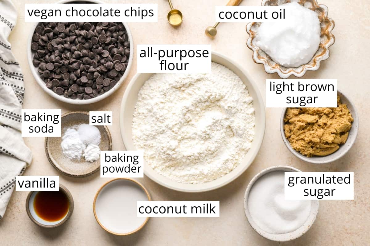 overhead view of the labeled ingredients in this Vegan Chocolate Chip Cookies recipe