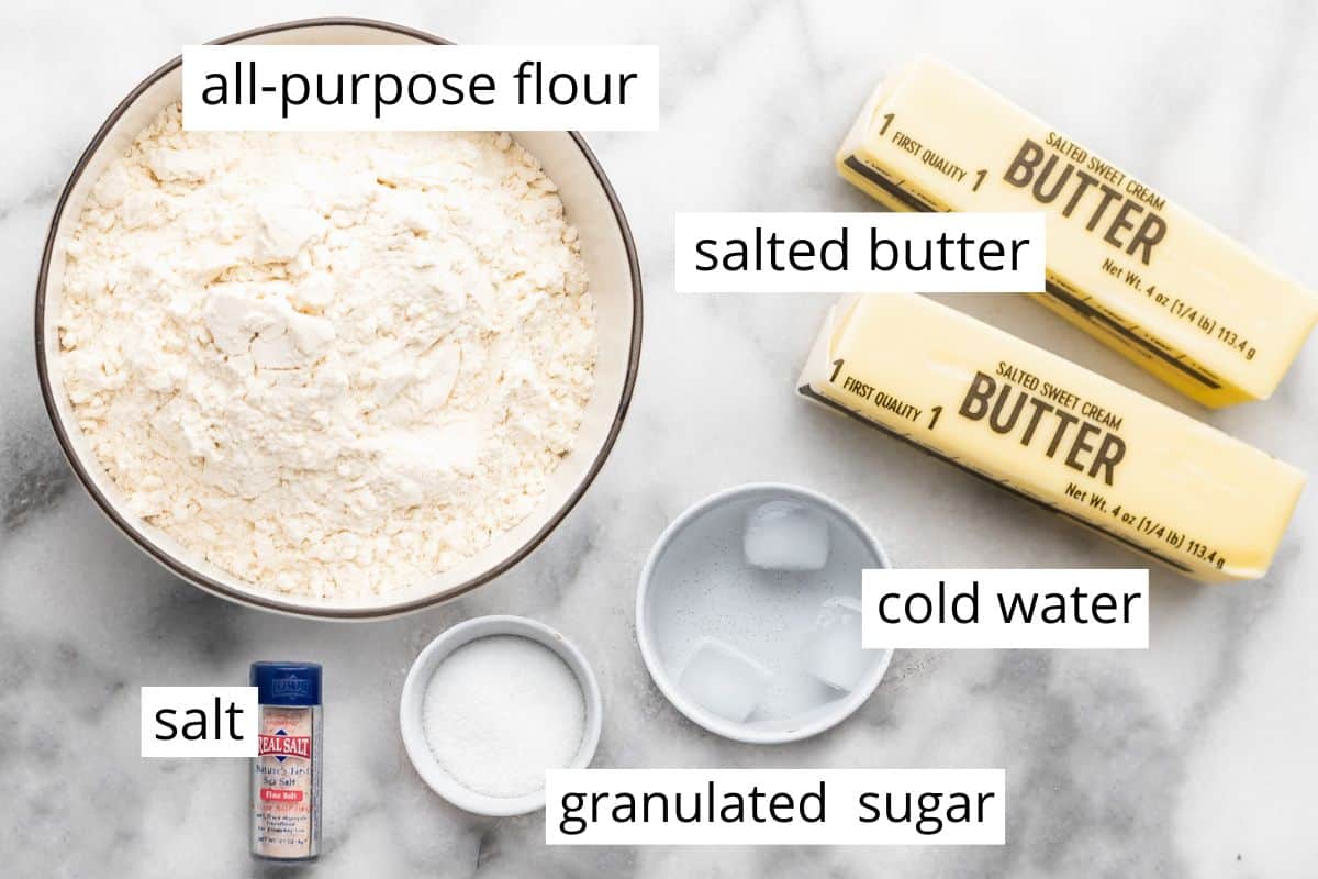 overhead photos of the labeled ingredients in this All Butter Pie Crust recipe