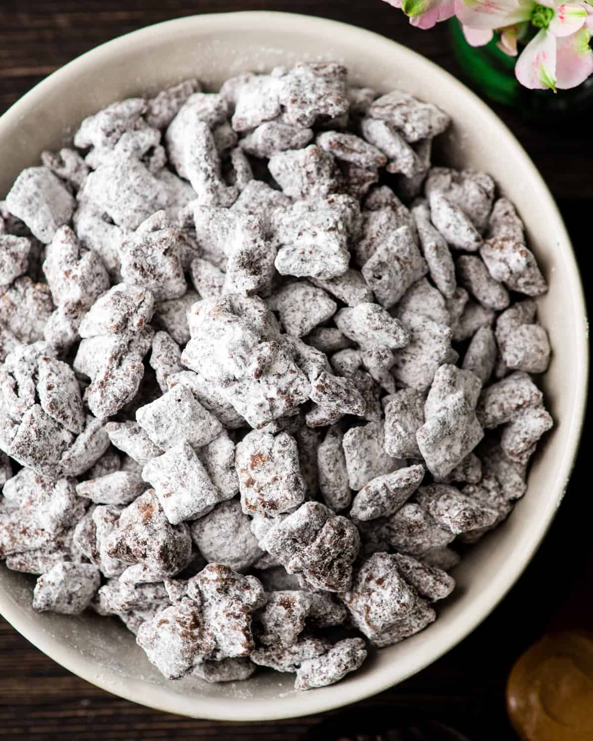 overhead photo of the Best Puppy Chow Recipe in a bowl