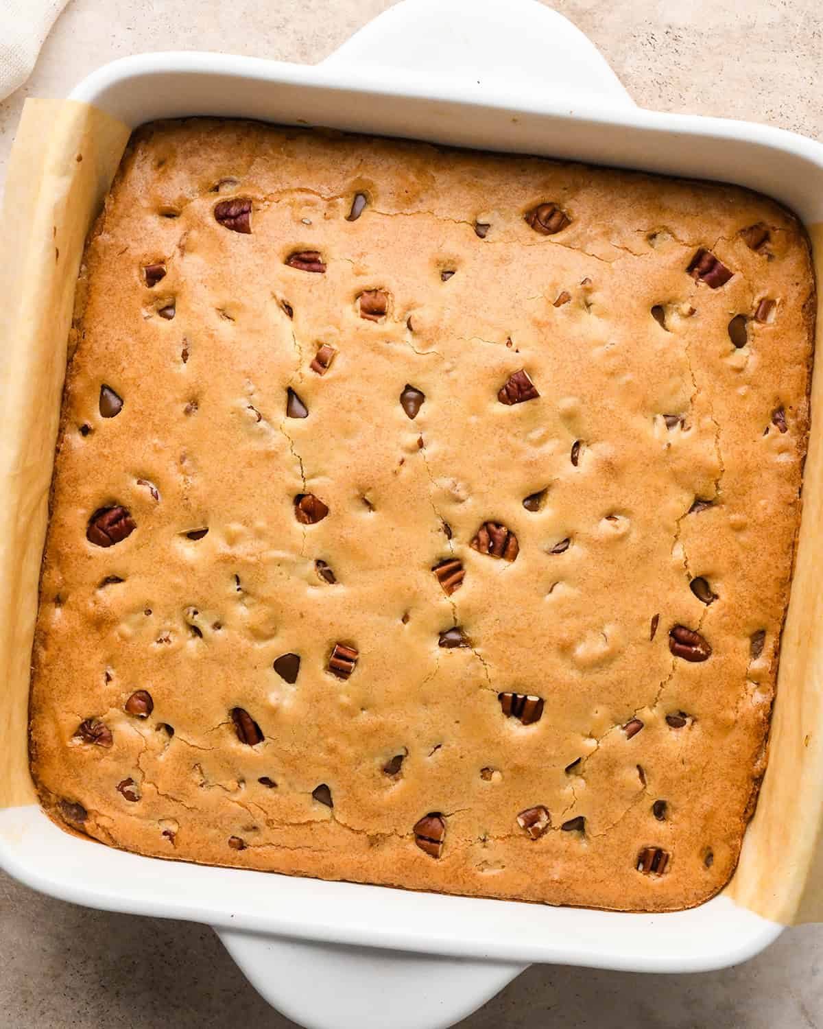 Browned Butter Blondies in a baking dish after baking