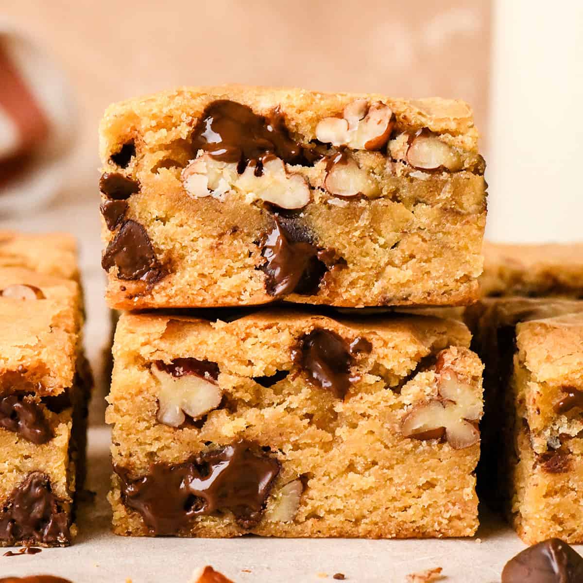 a stack of 2 Browned Butter Blondies with chocolate chips and walnuts