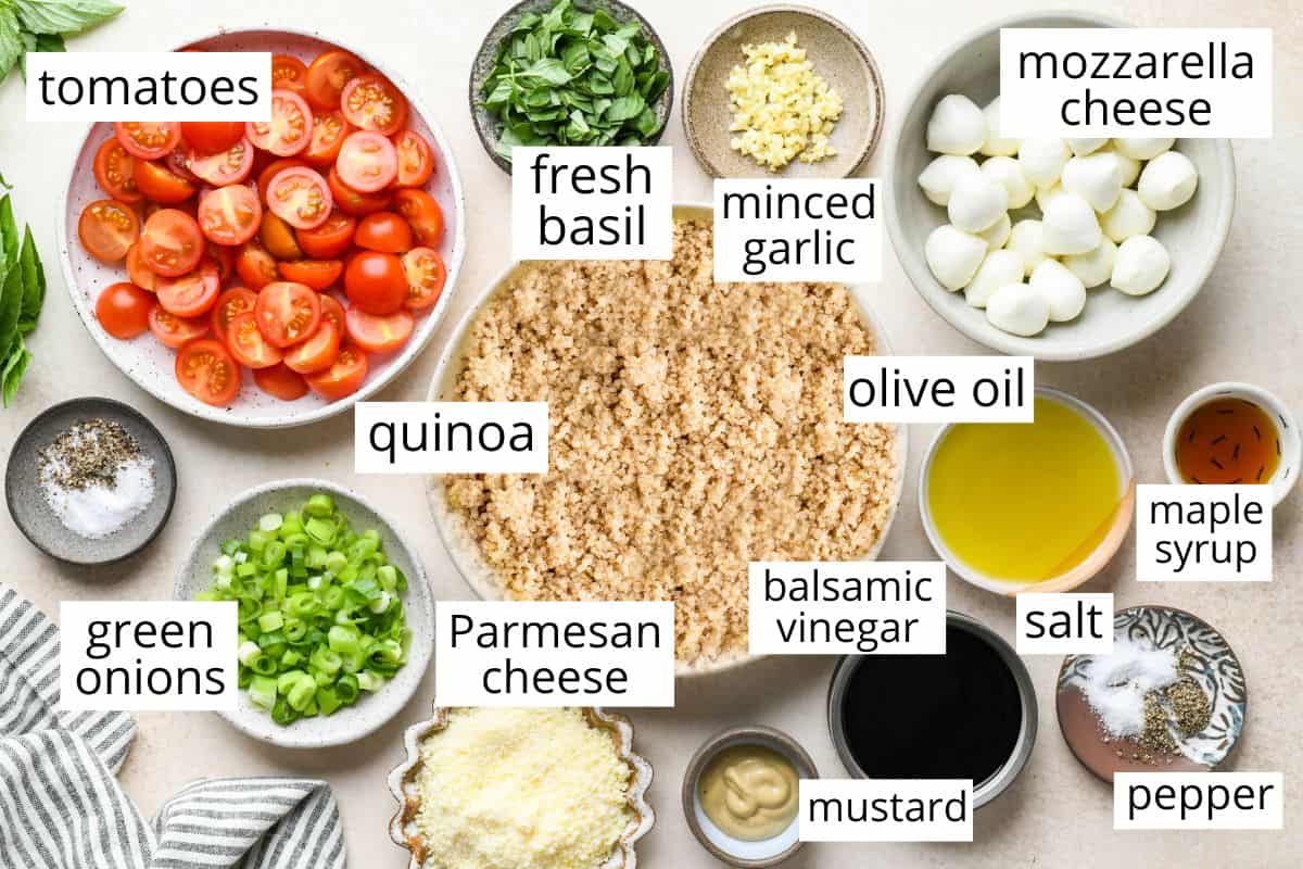 overhead photo of the labeled ingredients in this Caprese Quinoa Salad Recipe