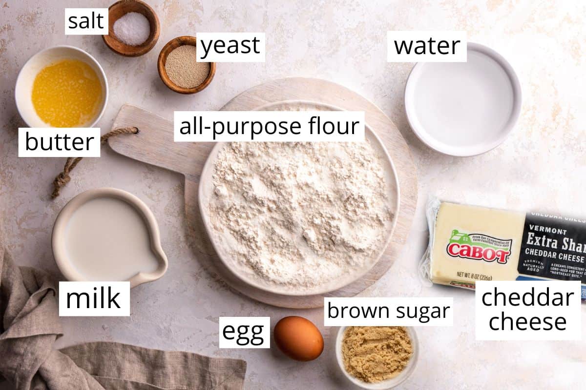 overhead photo of the labeled ingredients in this Cheese Pretzel Bites recipe