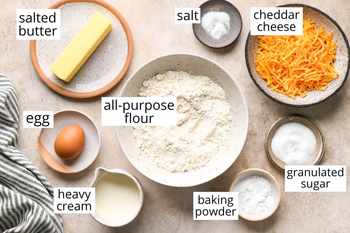 overhead photo of the labeled ingredients in this Cheese Scones recipe