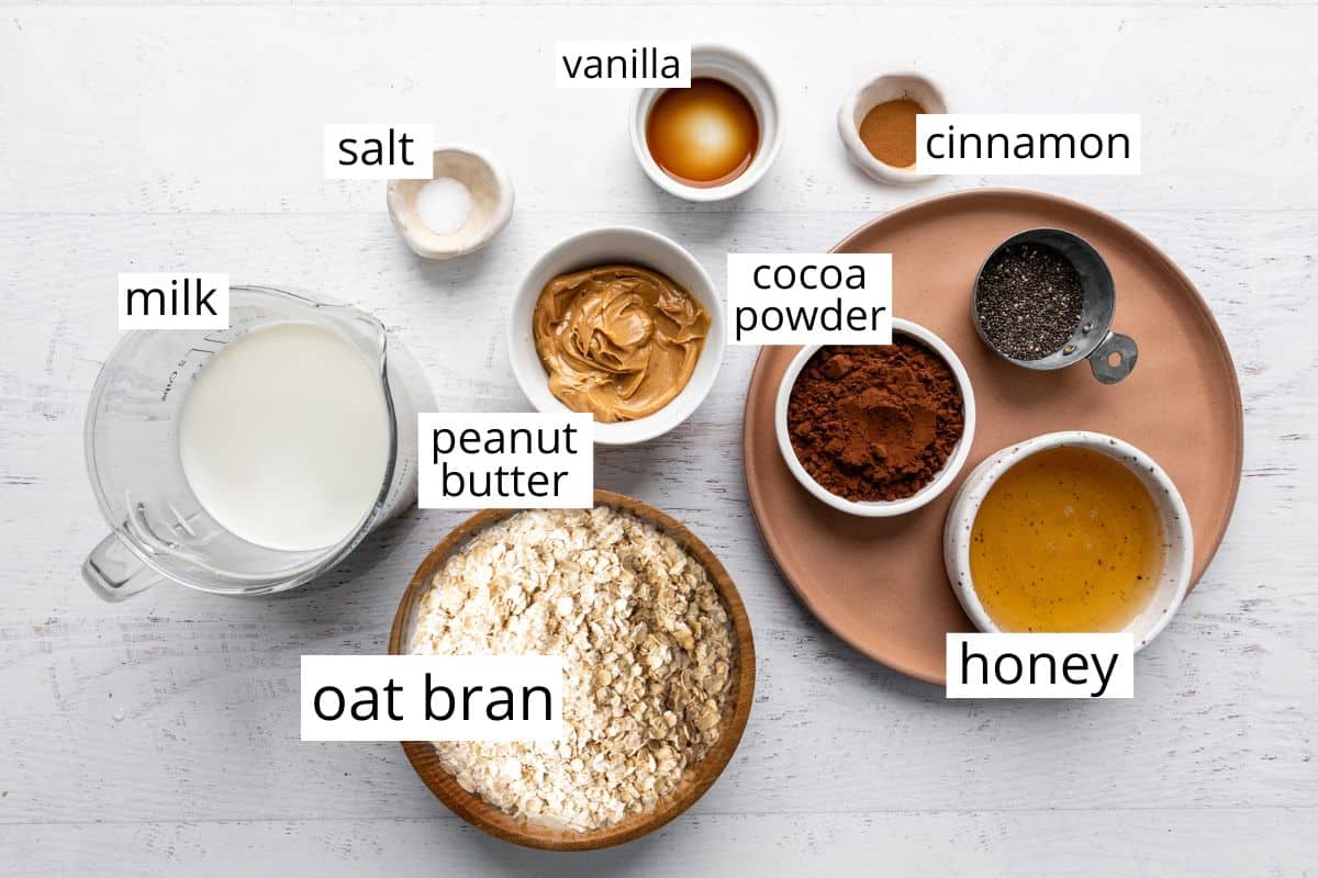 overhead photo of the labeled ingredients in this Chocolate Peanut Butter Oat Bran Recipe