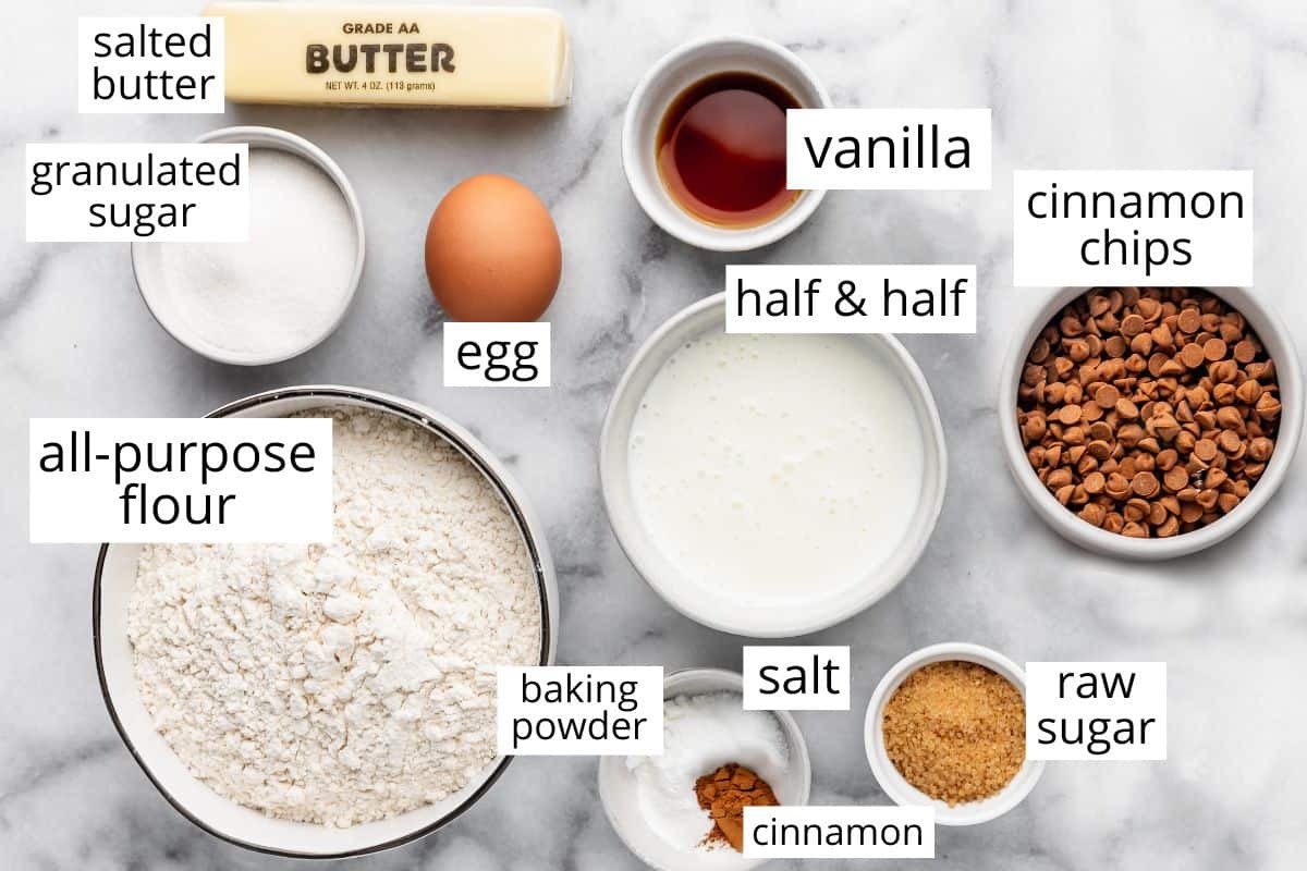 overhead photo of the labeled ingredients in this cinnamon scones recipes