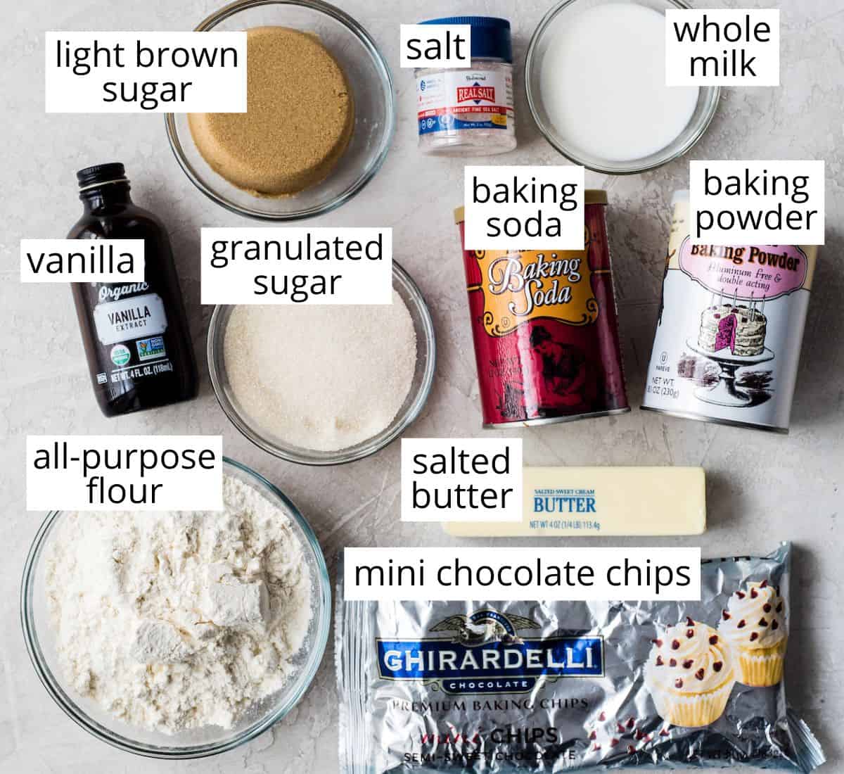 overhead photo of the labeled ingredients in this Cookie Dough S'mores recipe