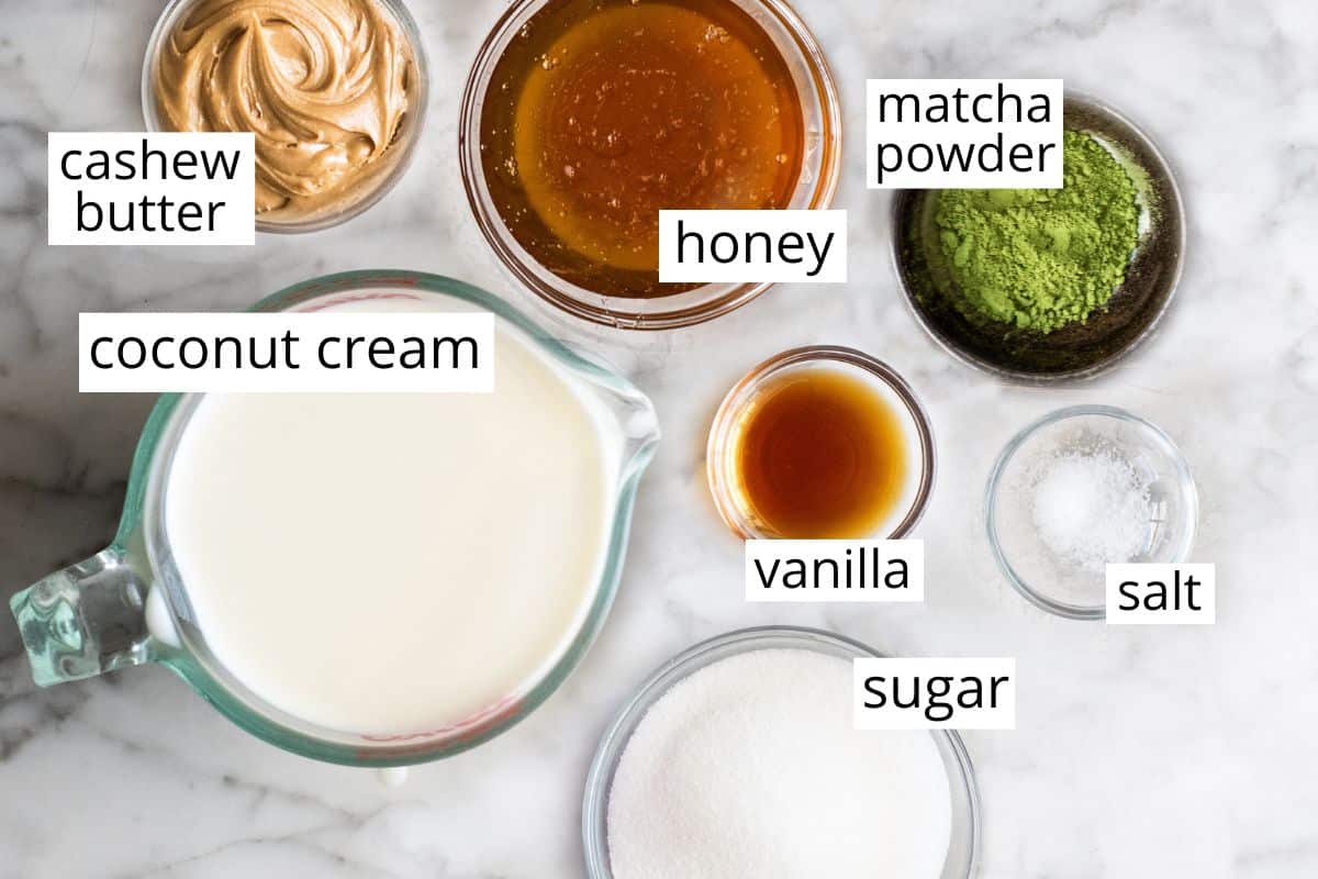 overhead photo of the labeled ingredients in this Dairy Free Matcha Ice Cream recipe
