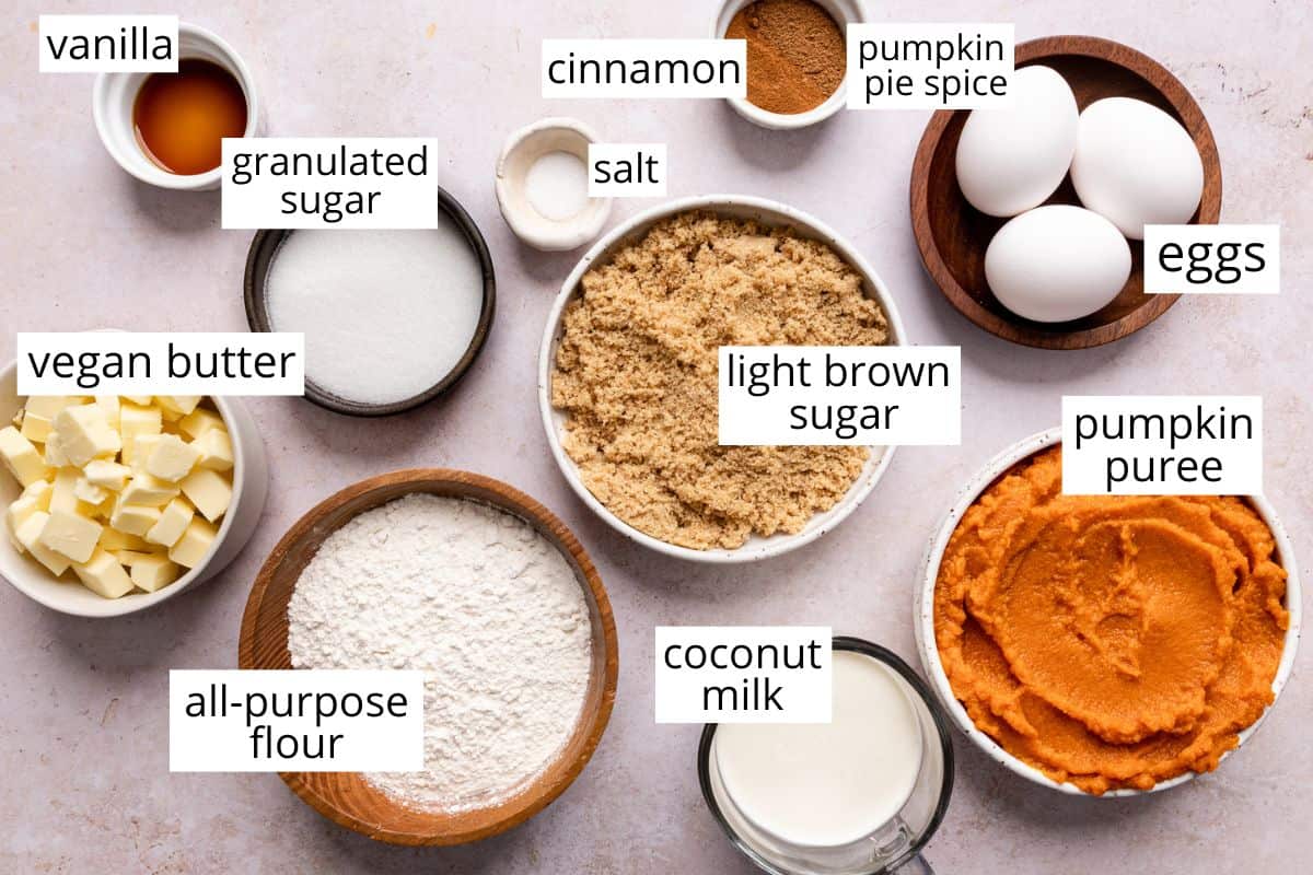 overhead photo of the labeled ingredients in this Dairy Free Pumpkin Pie recipe