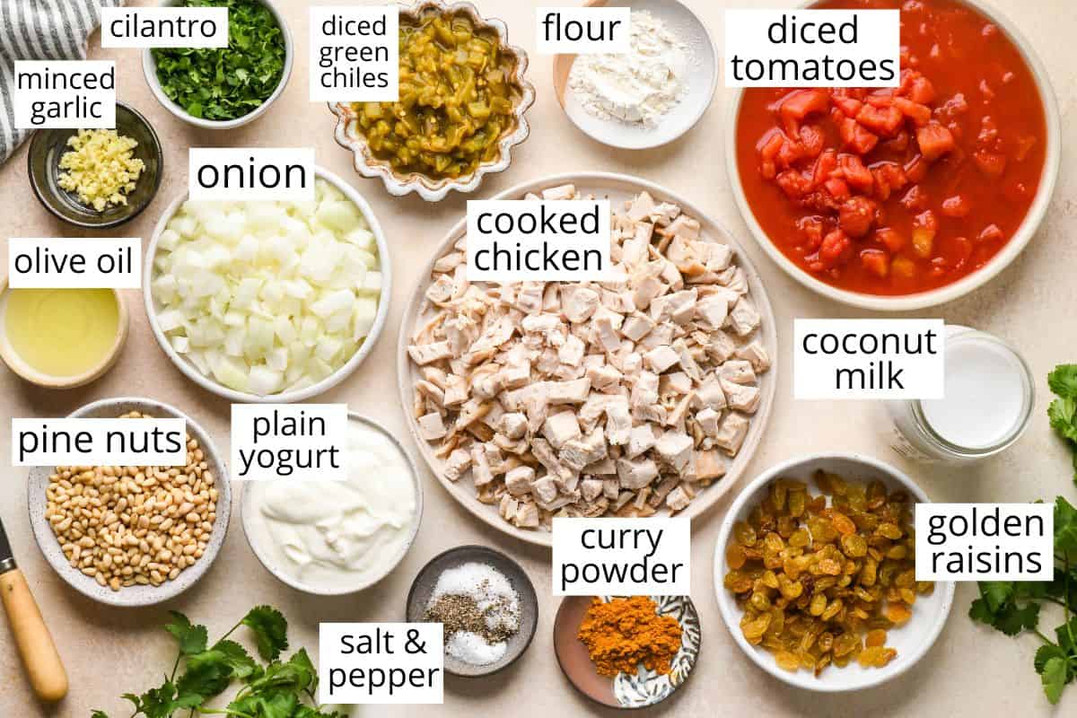 overhead photo of the labeled ingredients in this Easy Chicken Curry recipe