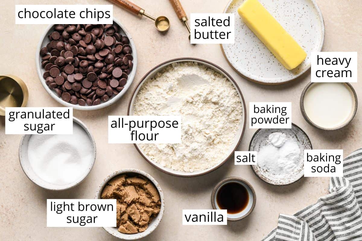 overhead photo of the labeled ingredients in this Eggless Chocolate Chip Cookies recipe