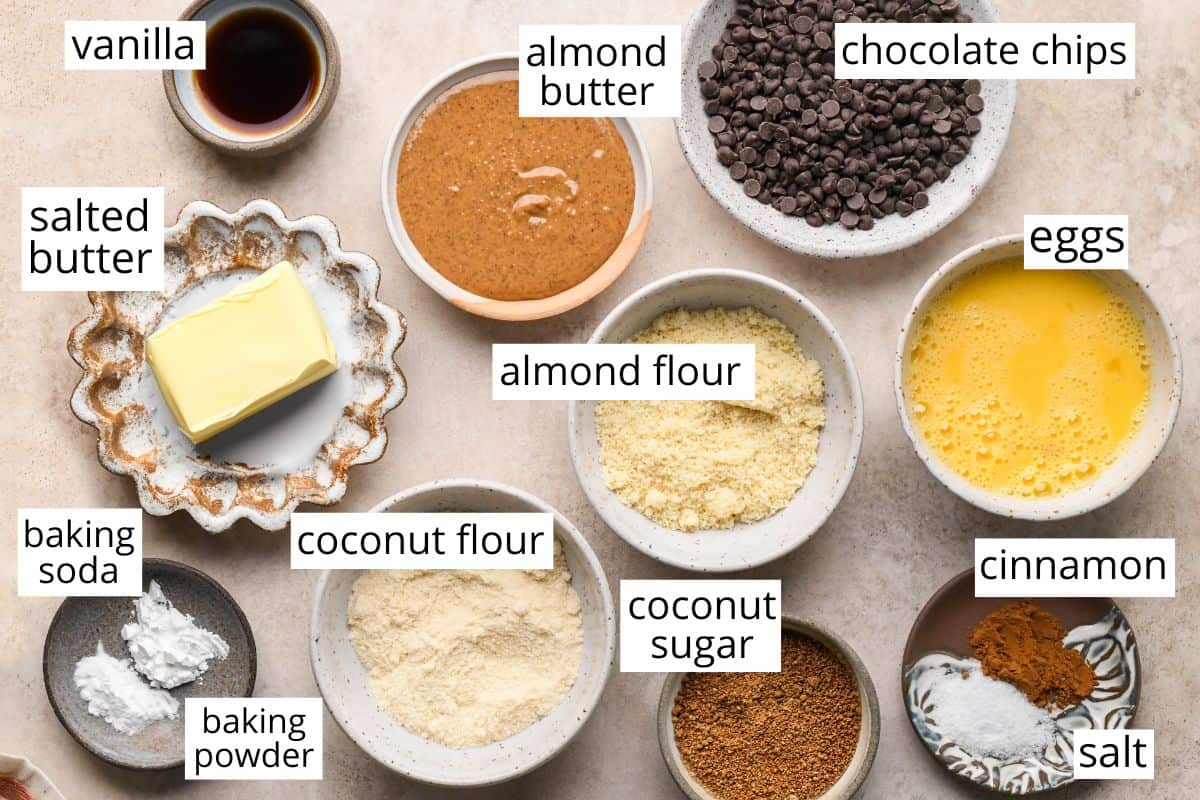 overhead photo of the labeled ingredients in this Gluten Free Chocolate Chip Muffins recipe 