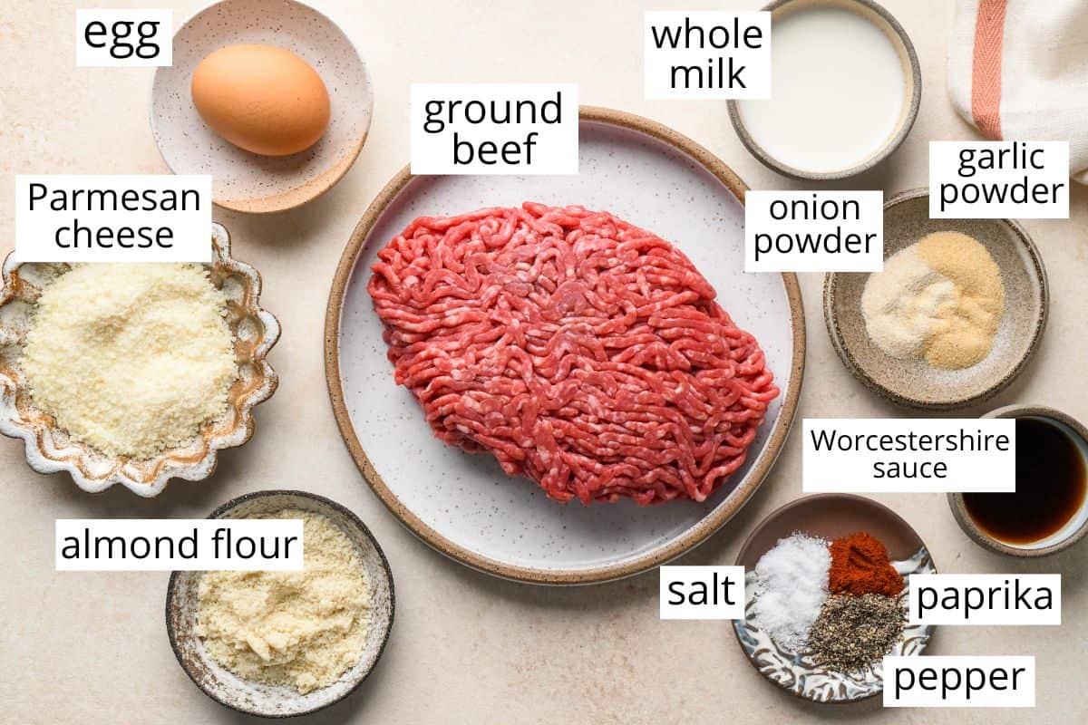 overhead photo of the labeled ingredients in this Gluten Free Meatballs recipe