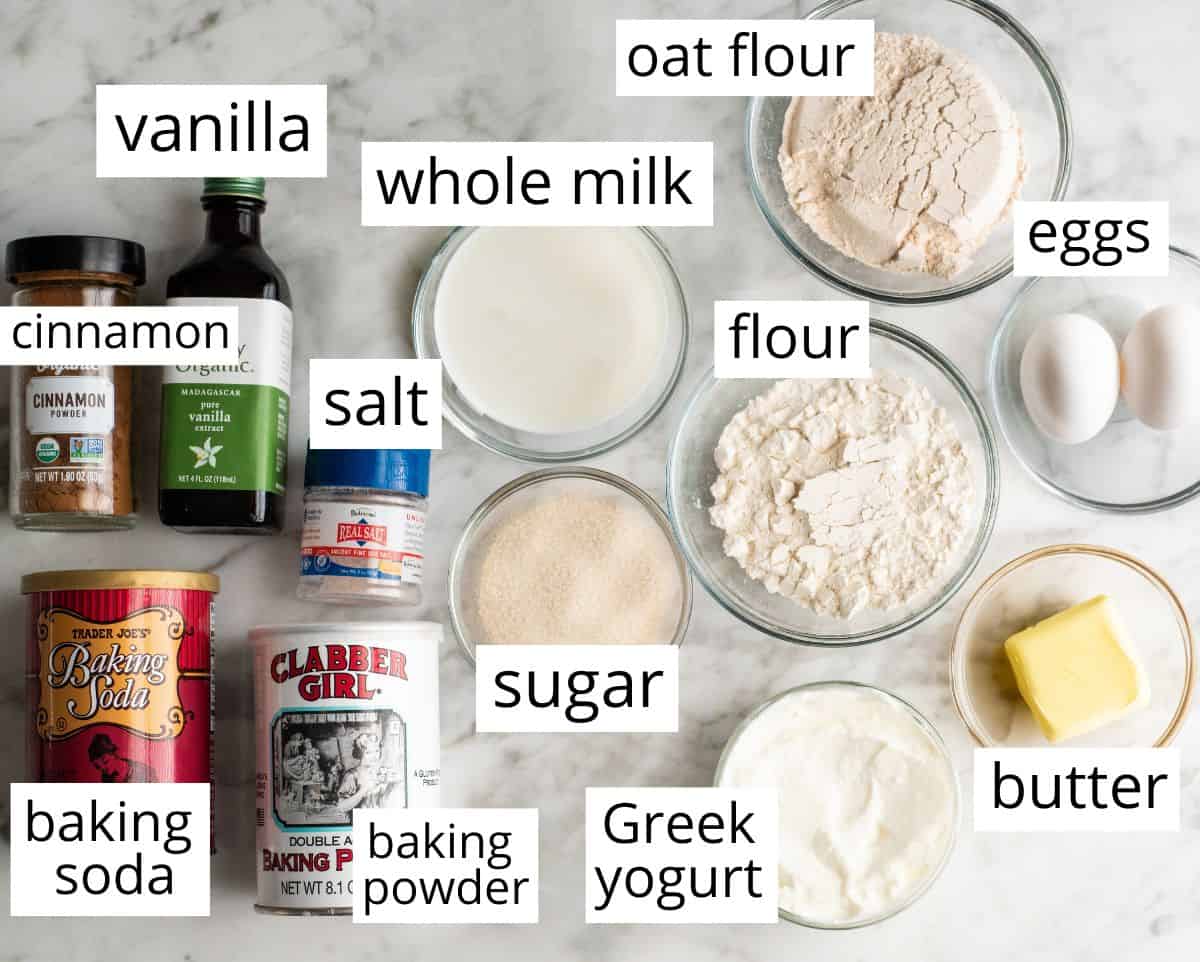 overhead photo of the labeled ingredients in this Greek yogurt pancakes recipe
