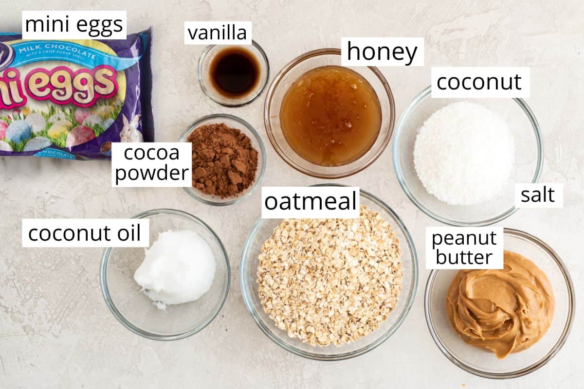 overhead photo of the labeled ingredients in this Healthy Easter Nest Cookies