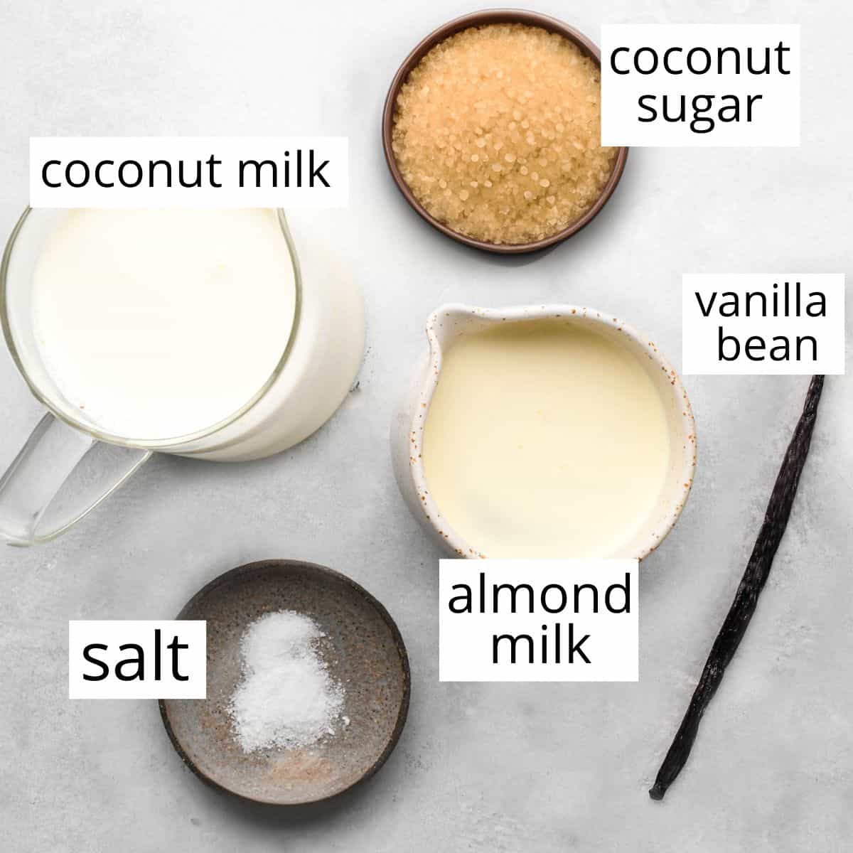 overhead photo of the labeled ingredients in this Homemade Coffee Creamer recipe
