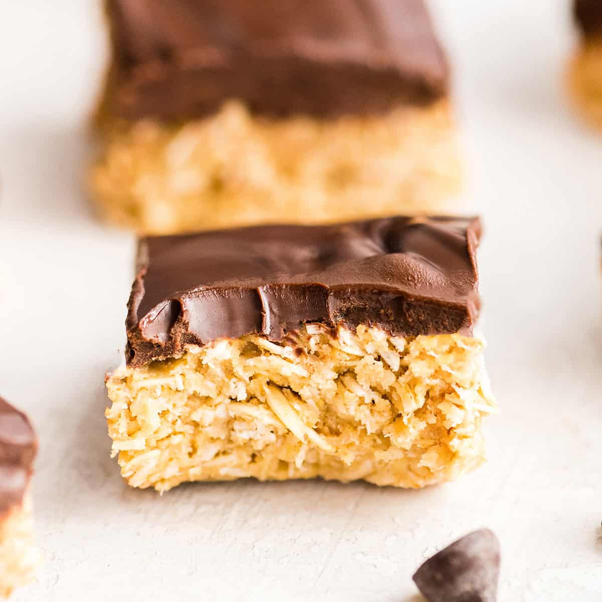 one No Bake Oatmeal Bar with a bite taken out of it