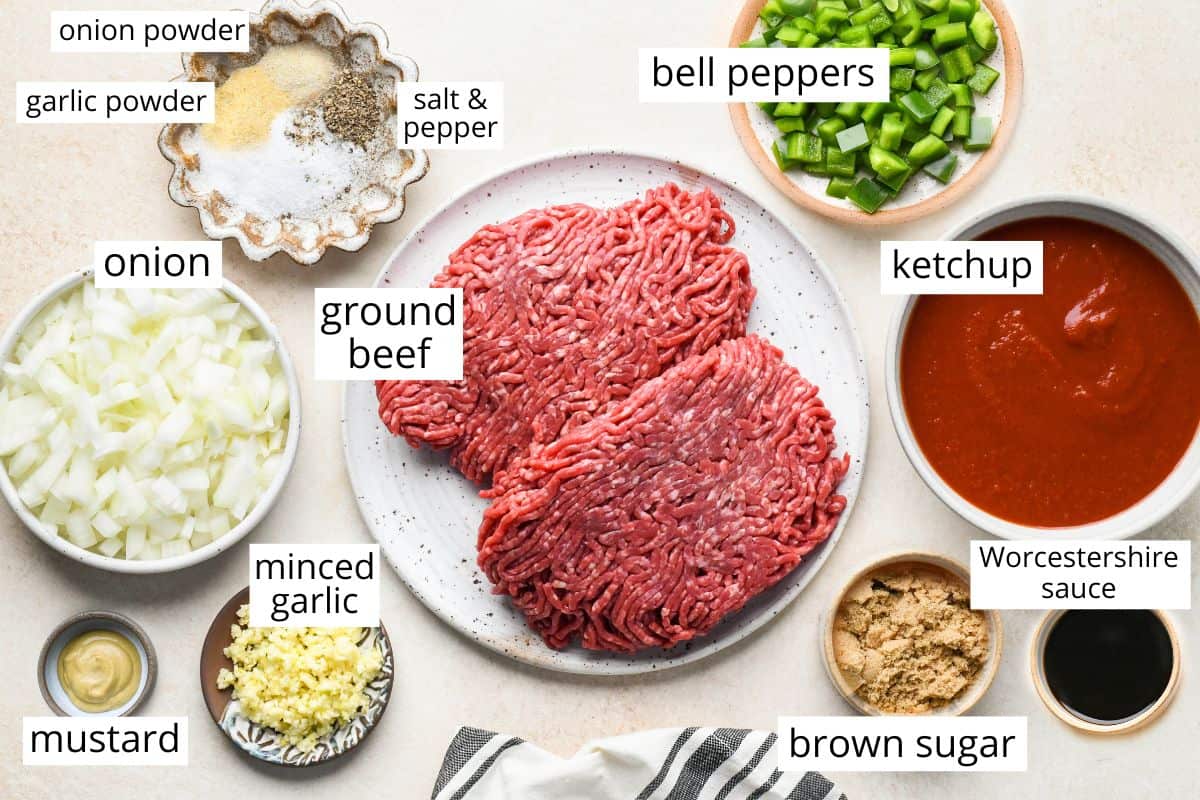 overhead photo of the labeled ingredients in this Healthy Sloppy Joes recipe