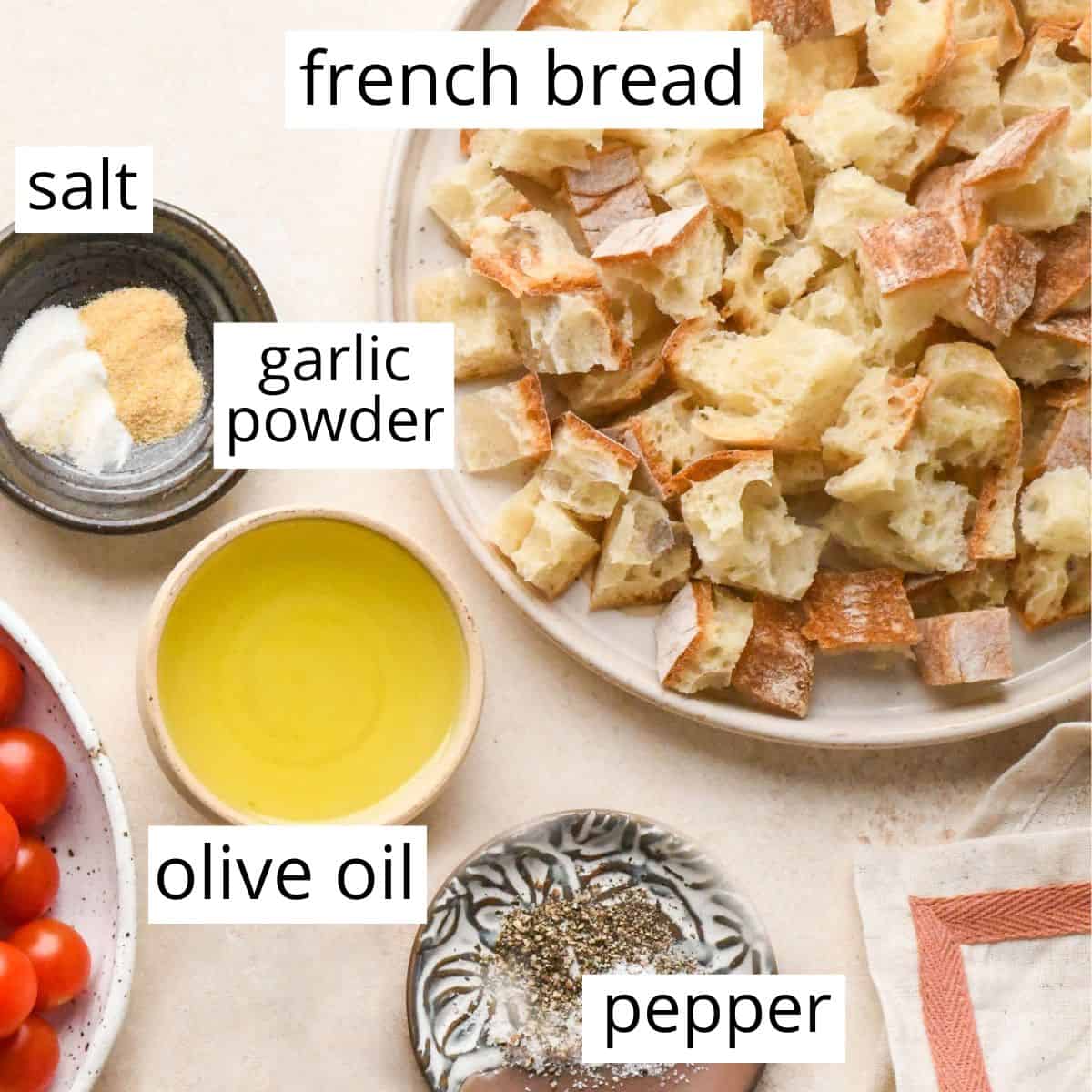 overhead photo of the ingredients in this Homemade Croutons recipe