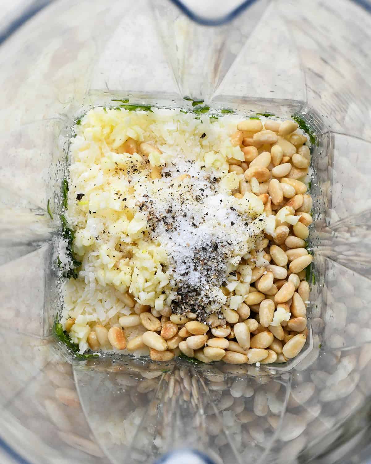 How to Make Pesto Sauce - pine nuts, parmesan cheese, salt and pepper added to the basil in a blending container before blending