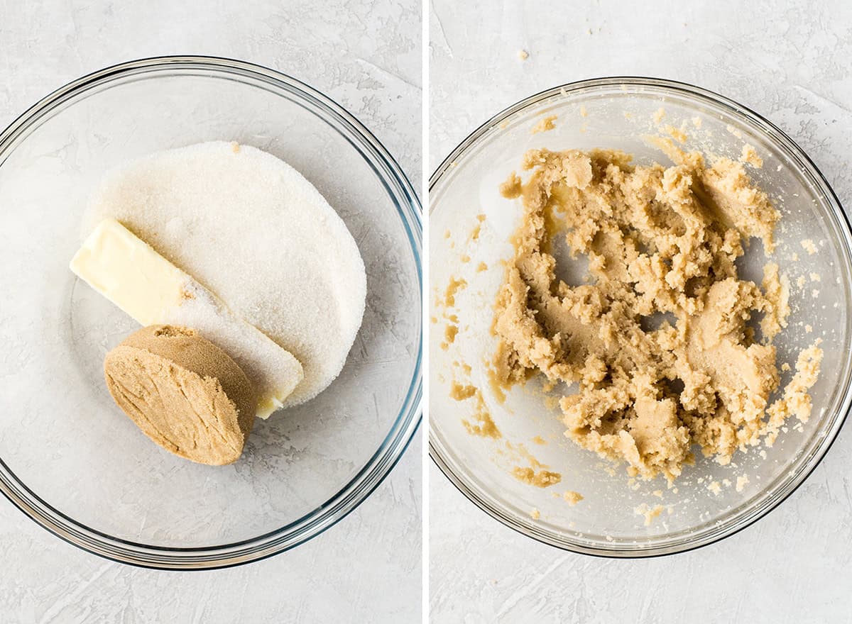 two photos showing how to make Cookie Dough S'mores - beating butter and sugars together