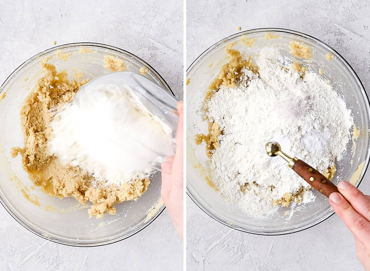two photos showing how to make Cookie Dough S'mores - adding dry ingredients 