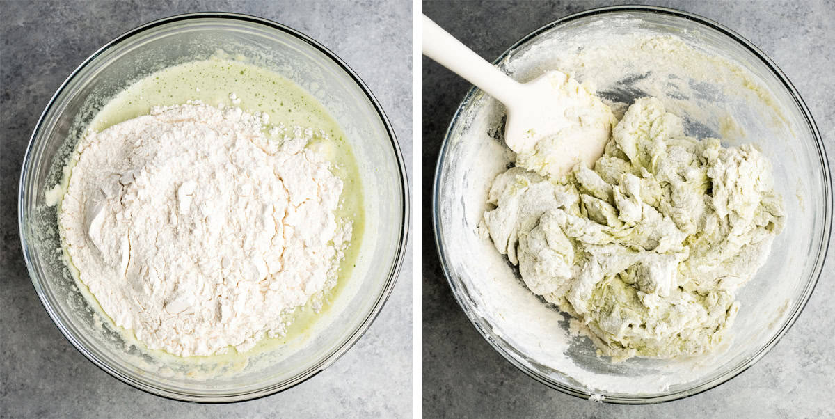 two photos showing how to make Zucchini Pizza Crust - adding dry ingredients and stirring