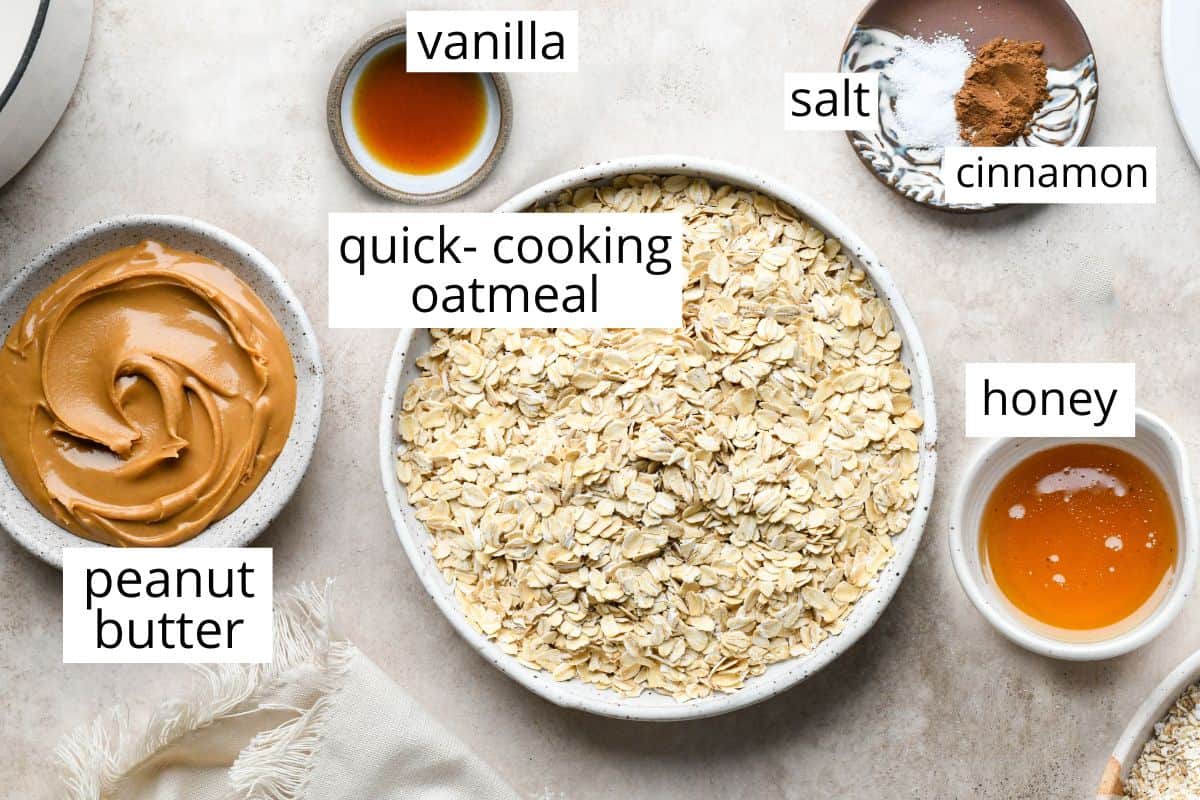 overhead photo of the labeled ingredients in this Peanut Butter Granola recipe