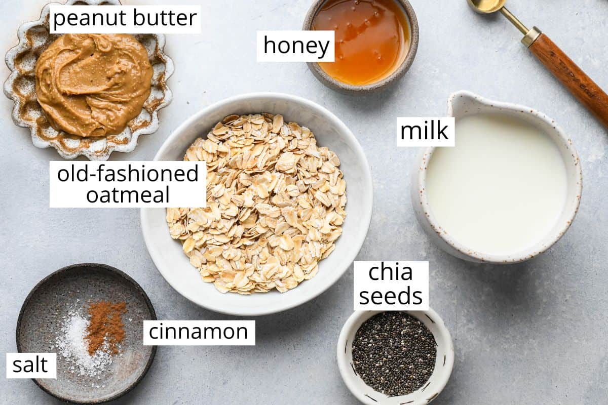 overhead photo of the labeled ingredients in this peanut butter overnight oats recipe