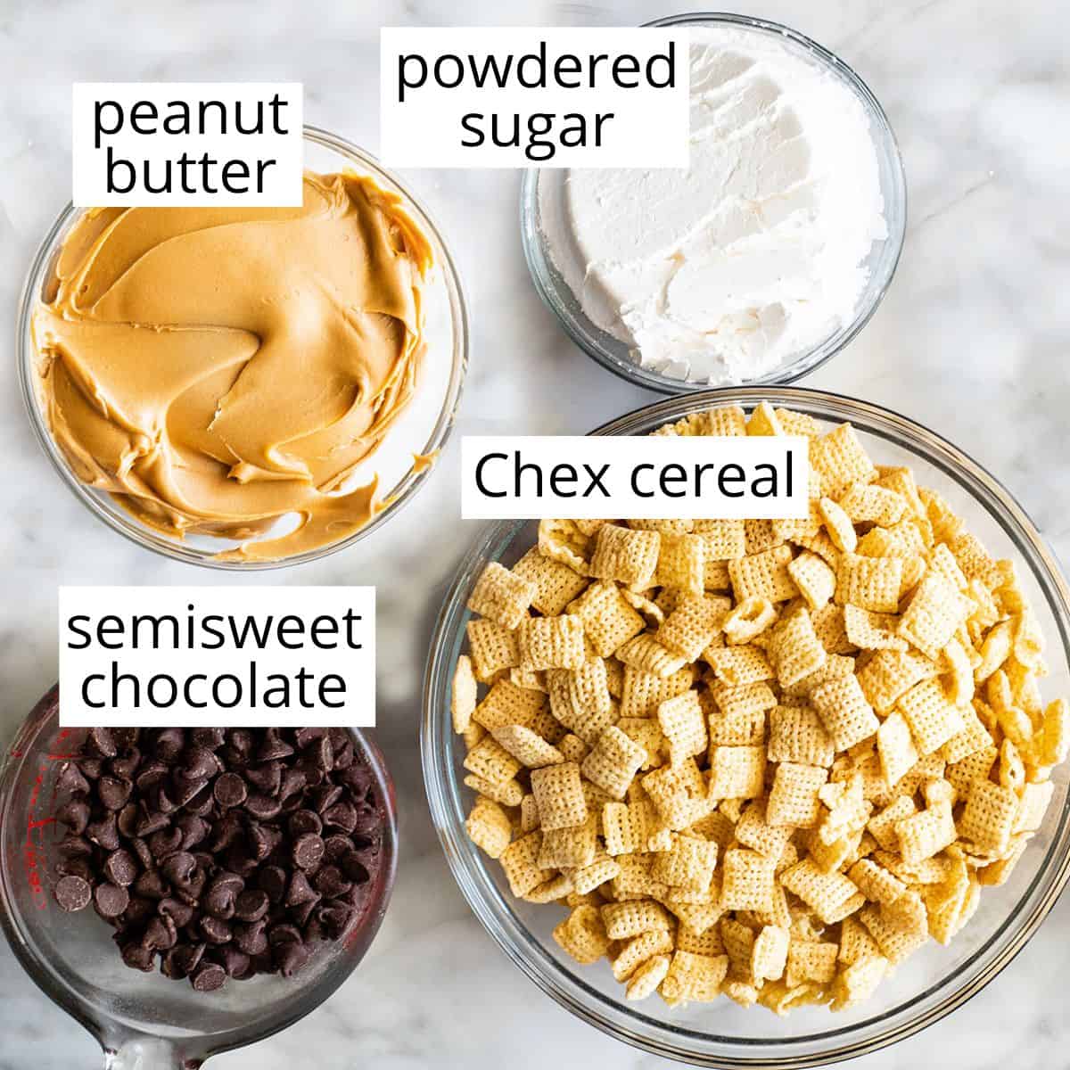 overhead photo of the labeled ingredients in this Puppy Chow Recipe