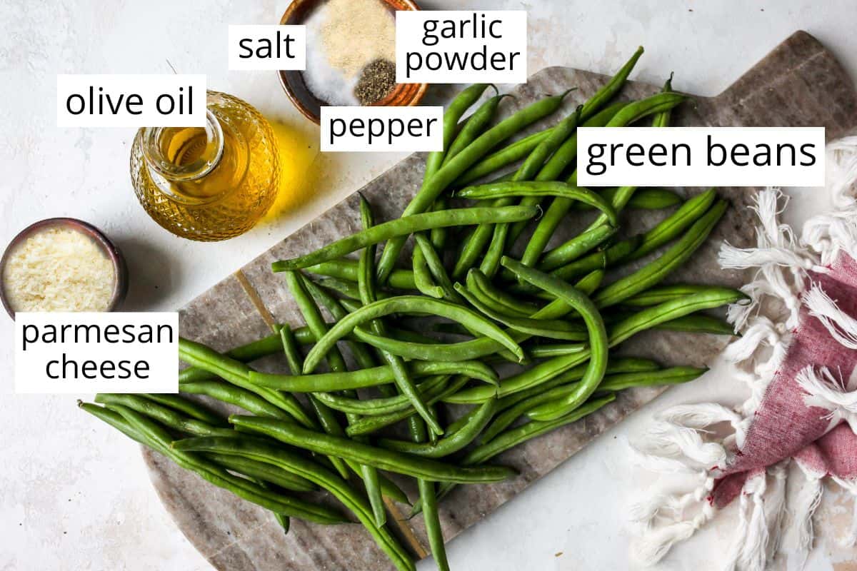 overhead photo of the labeled ingredients in this Parmesan Green Beans recipe
