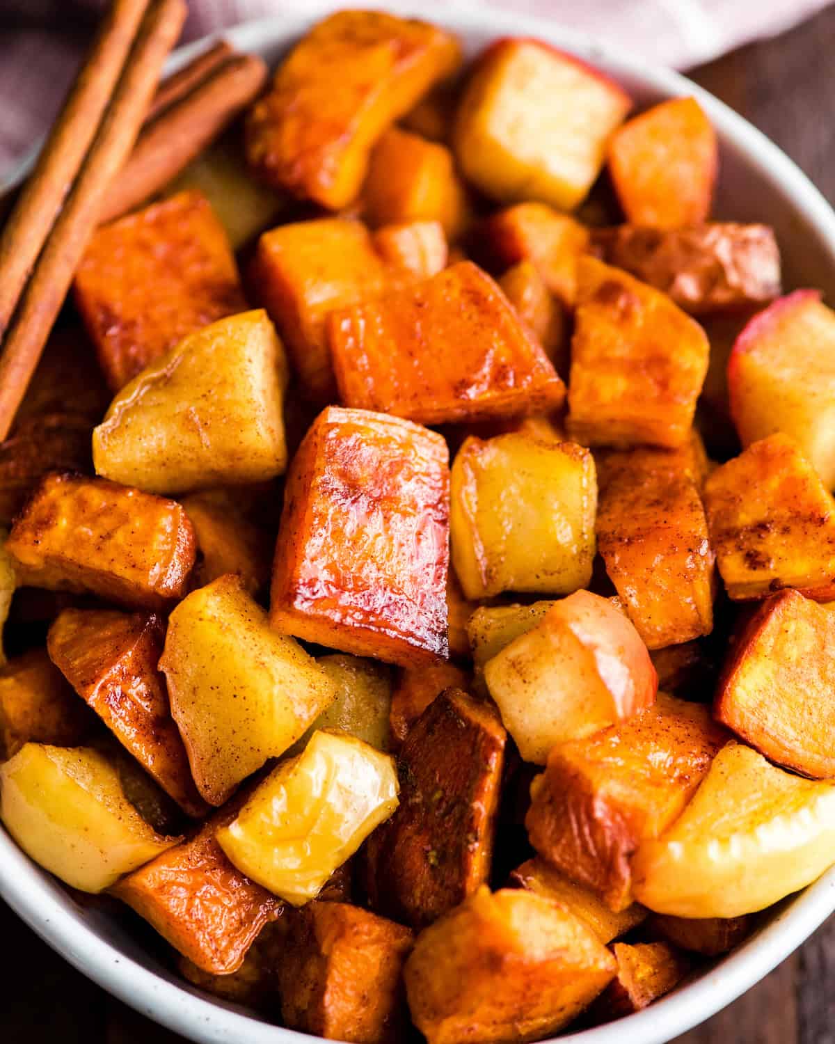 up close photo of roasted Sweet Potatoes and Apples in a bowl