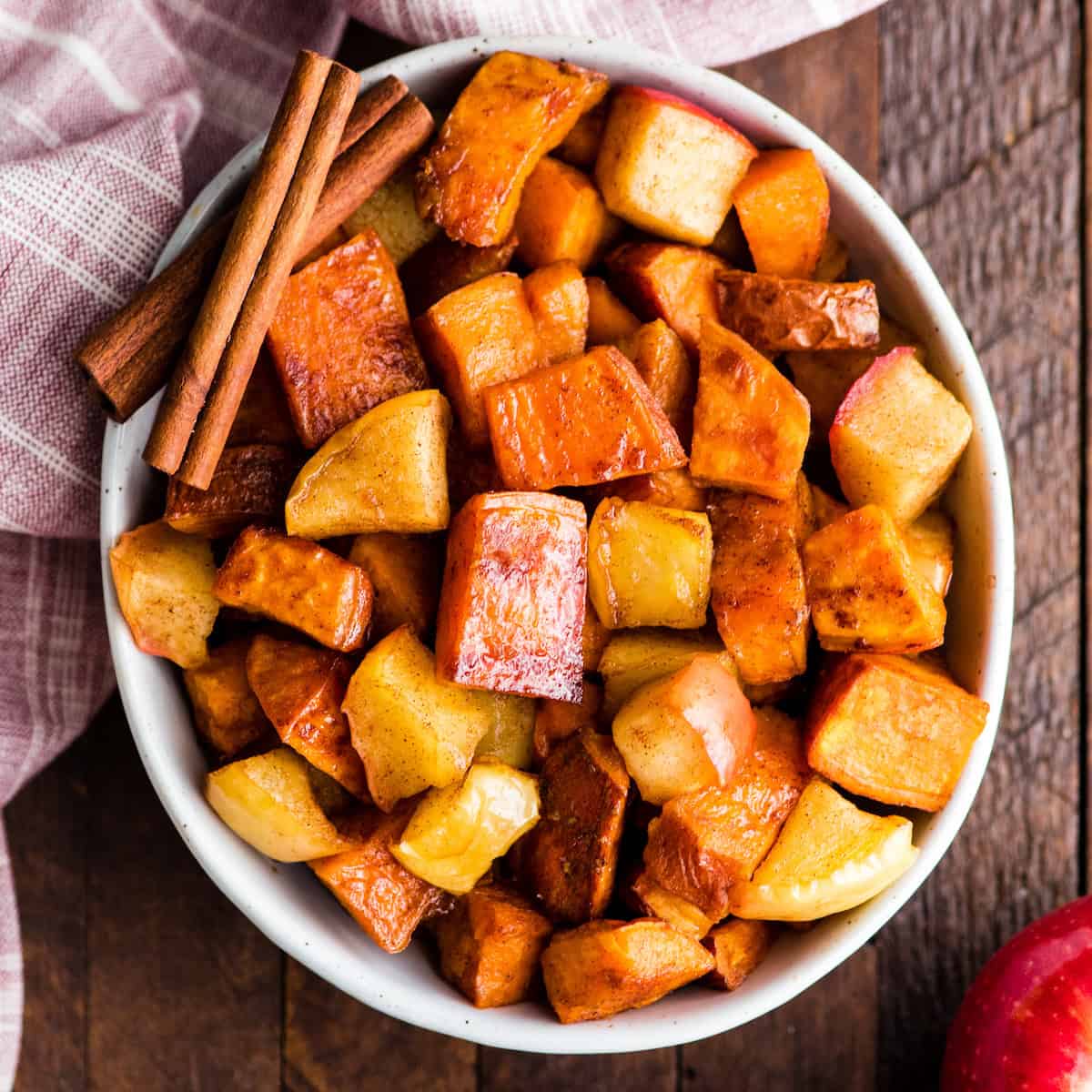 overhead photo of a bowl of roasted Sweet Potatoes and Apples