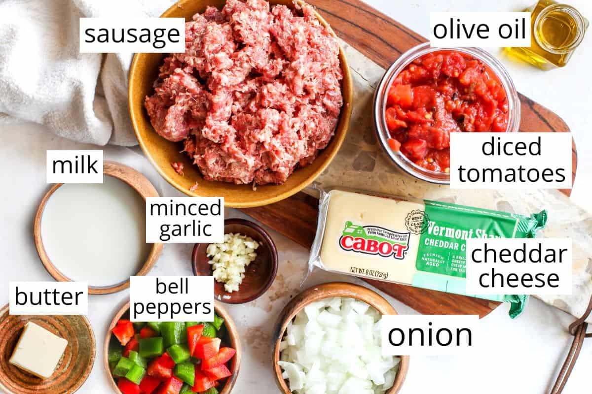 overhead photo of the labeled ingredients in this Sausage Gnocchi recipe