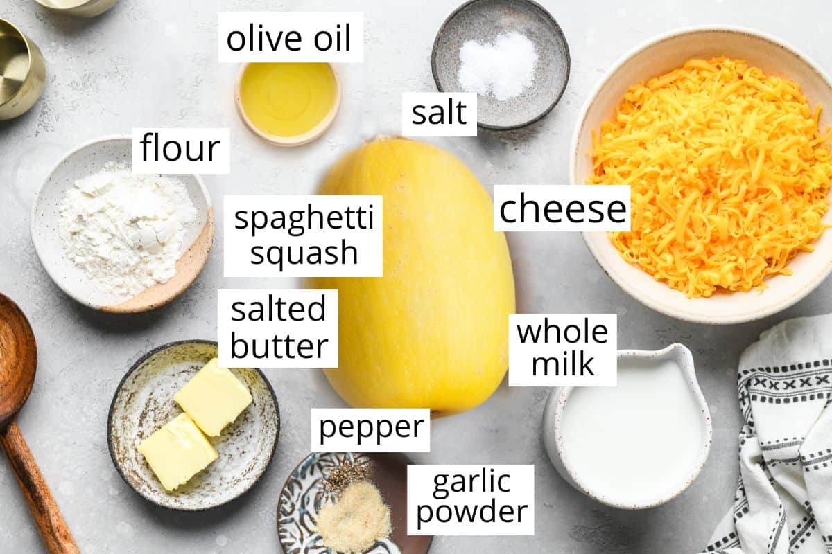 overhead photo of the labeled ingredients in this Spaghetti Squash Mac and Cheese recipe
