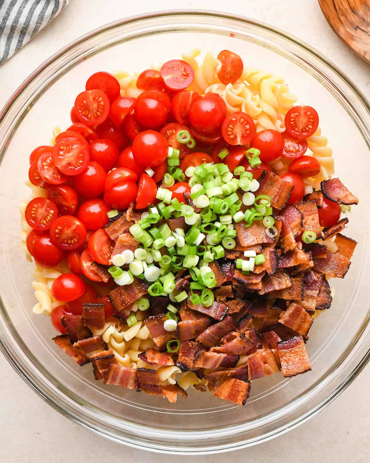 how to make BLT Pasta Salad Recipe - ingredients in a bowl before stirring