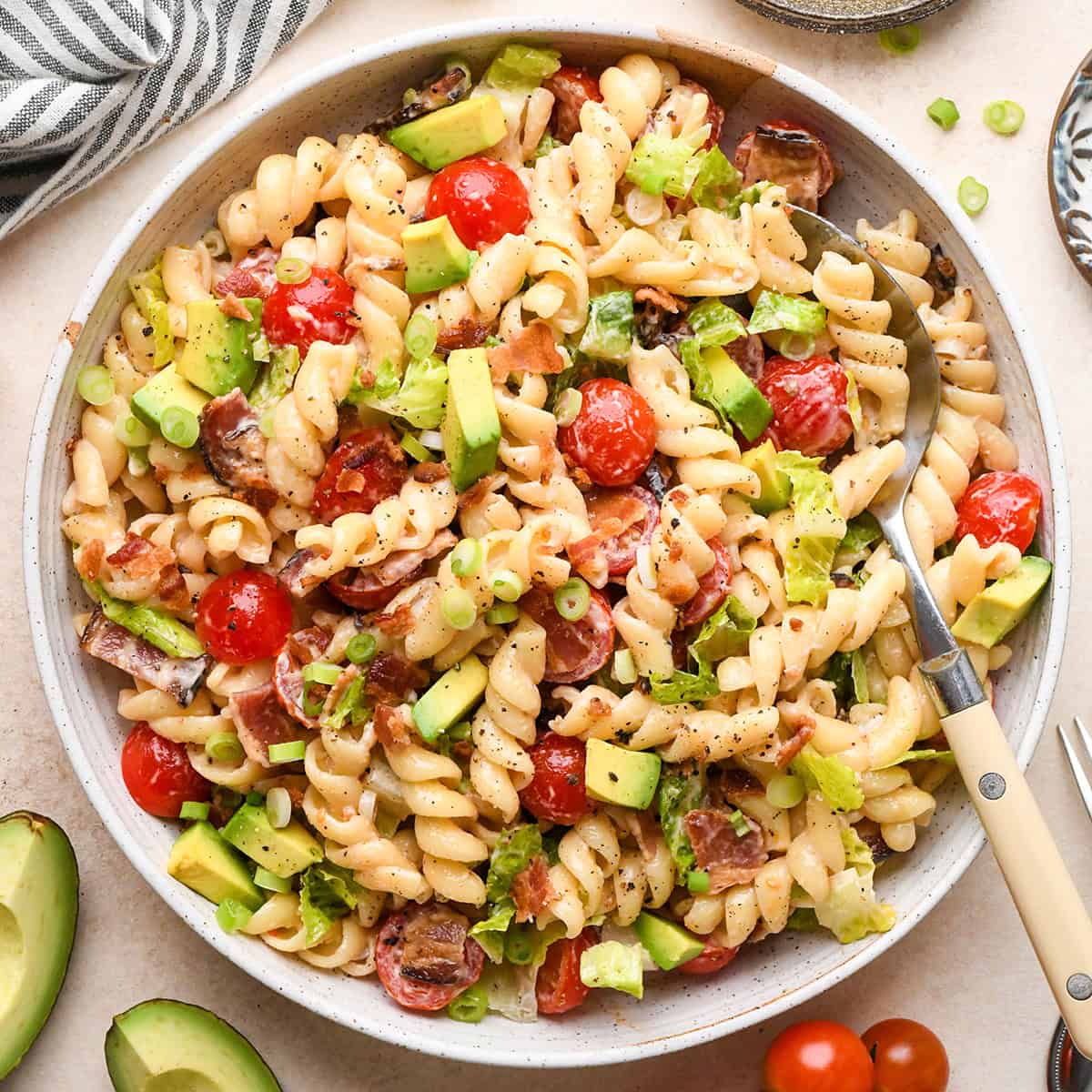 BLT Pasta Salad in a bowl with a spoon