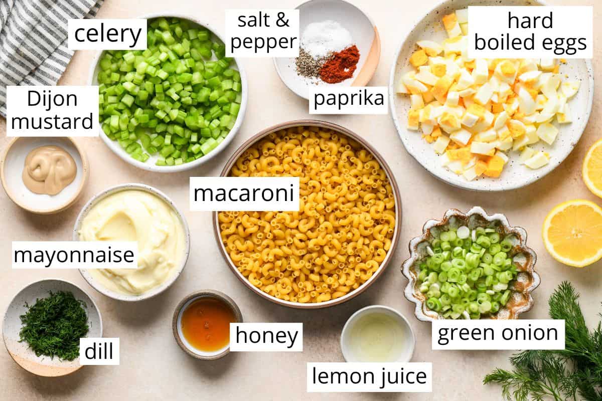 overhead photo of the labeled ingredients in this Macaroni Salad recipe